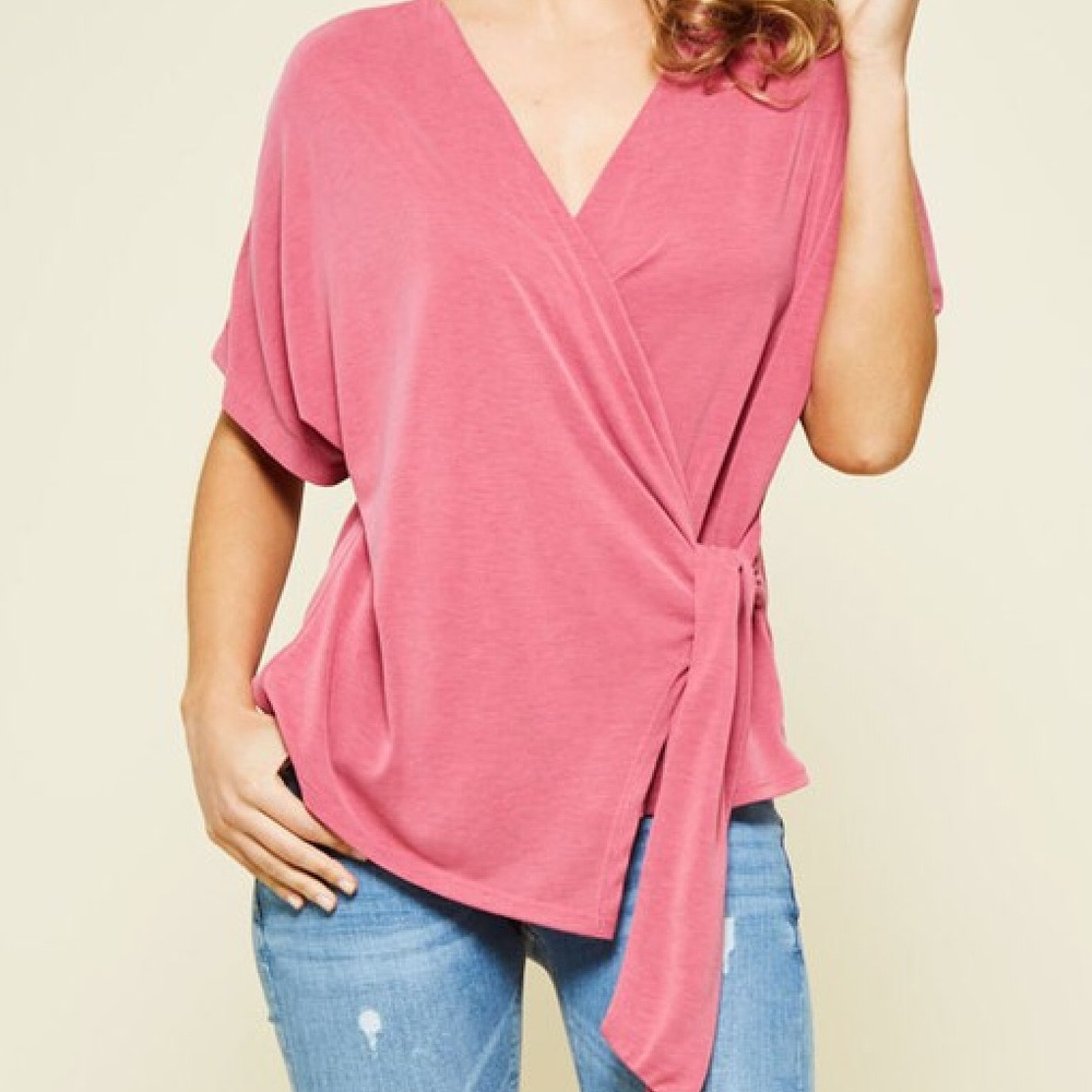 🆕Modal Cupro Knit Pink Raspberry Sorbet Short Flutter Sleeve Genuine Wrap Top - Picture 5 of 6